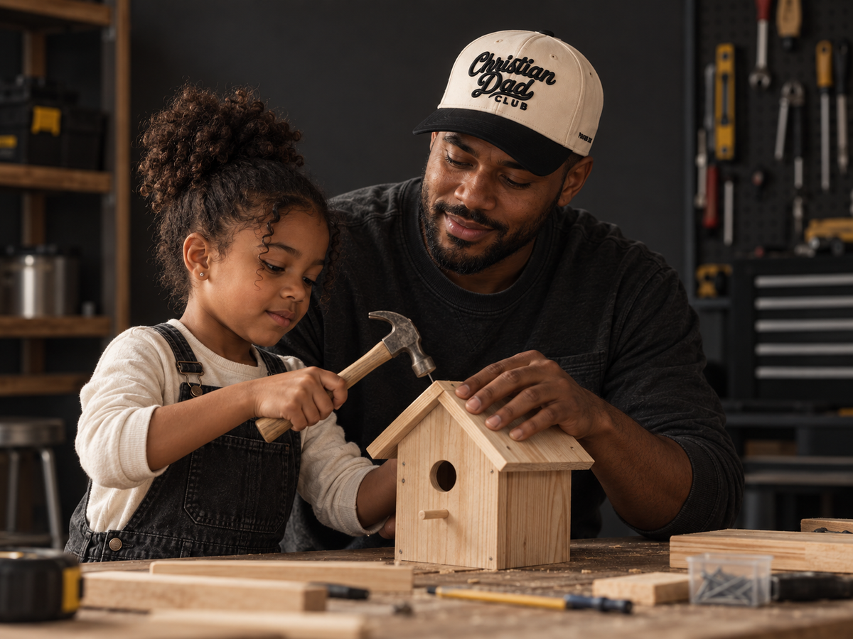 Father and daughter building a birdhouse while the father wears a Christian Dad Club hat