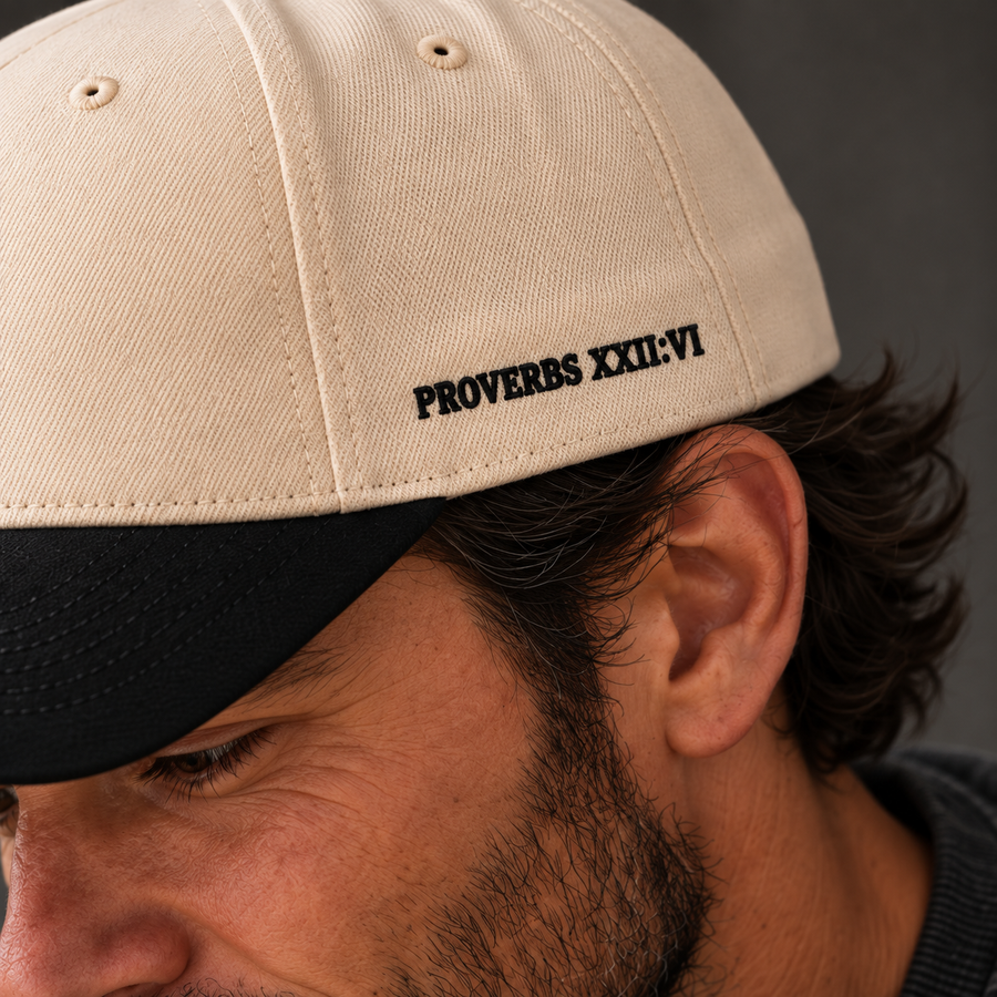 Close-up of Proverbs 22:6 embroidery on a Christian Dad Club cap